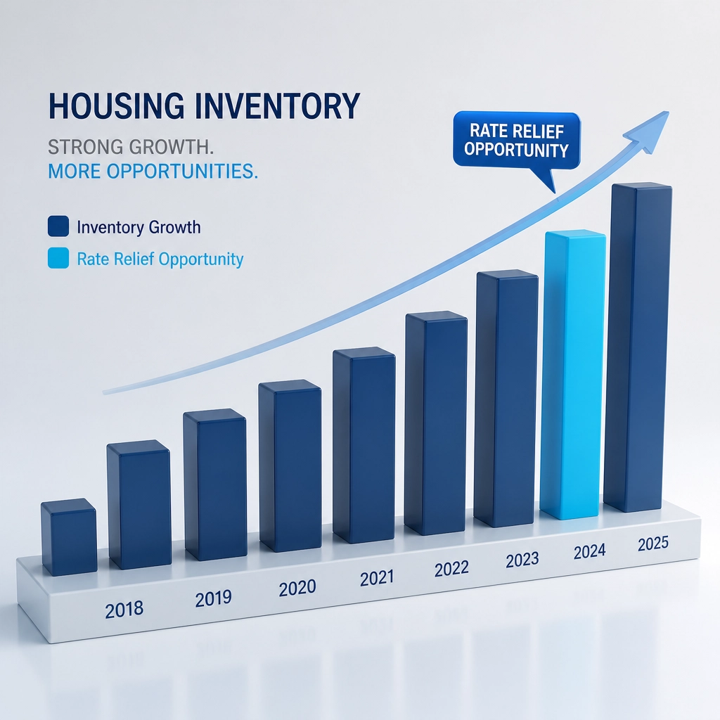 A bar chart shows steadily increasing housing inventory from 2018 to 2025.