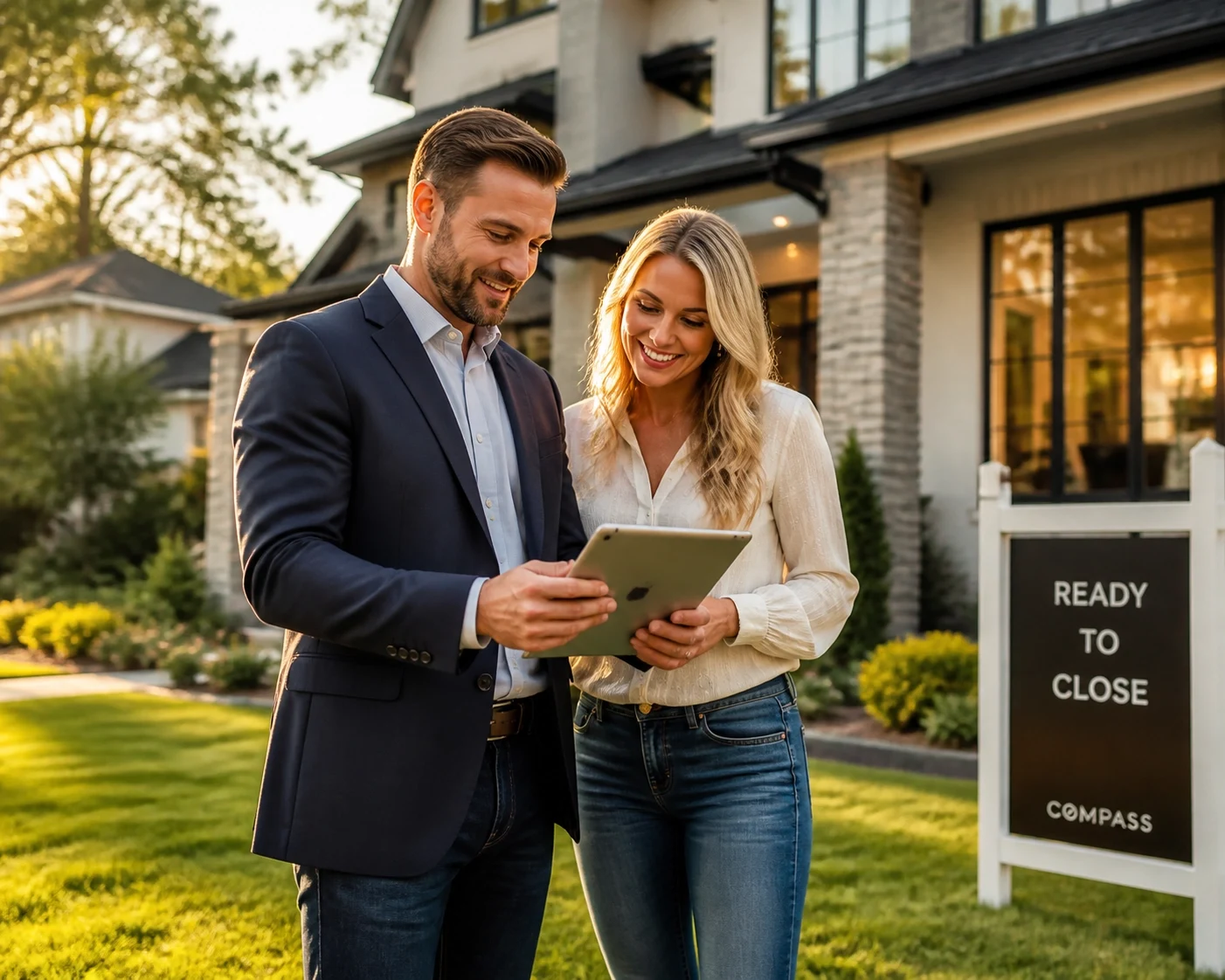 A happy couple reviews closing details on a tablet outside their new home beside a 'Ready to Close' sign.