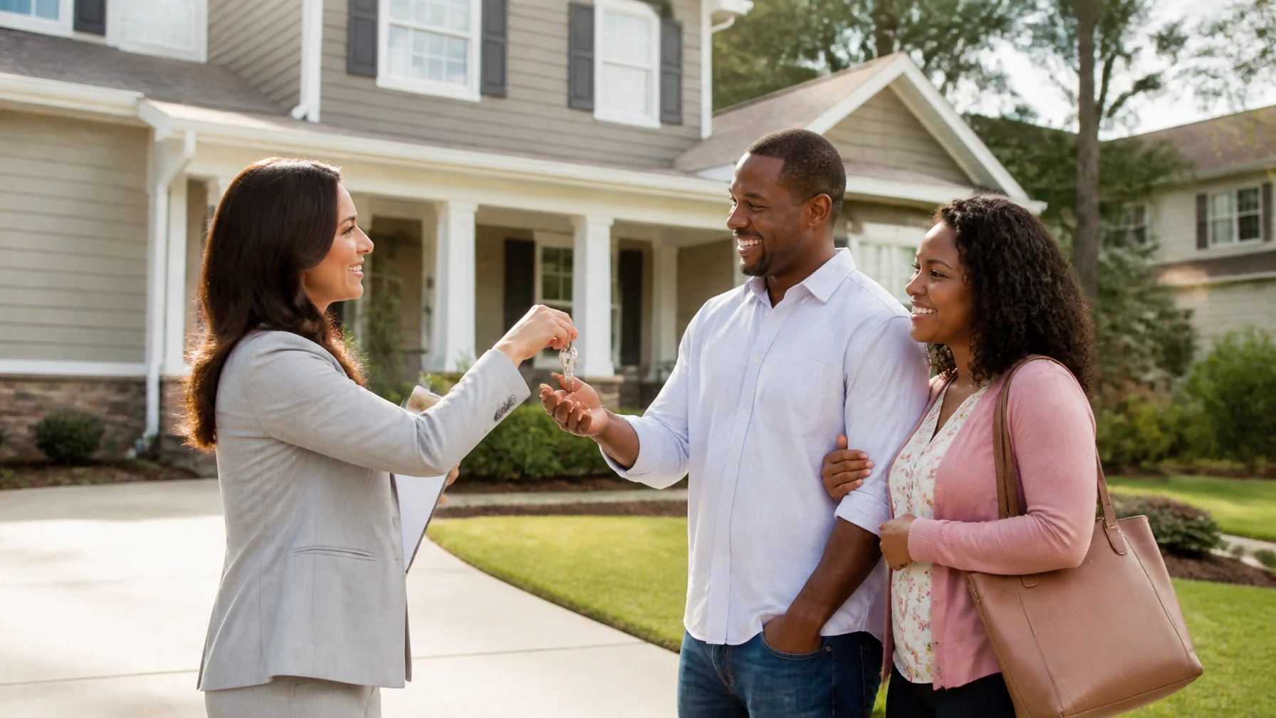 A real estate agent hands over house keys to a happy couple in front of their new home.