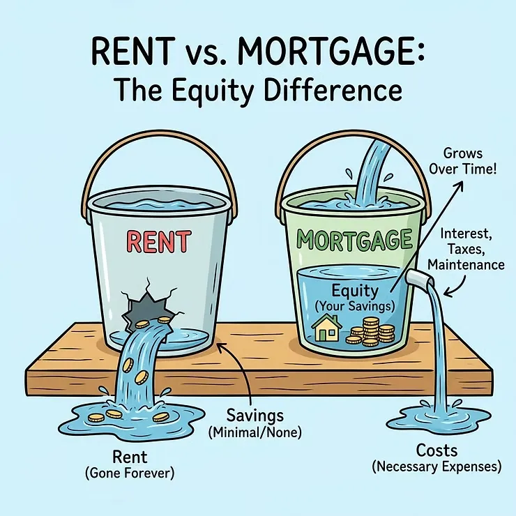 An illustrated comparison showing rent and mortgage as buckets, with rent money draining away while mortgage payments build equity over time despite ownership costs.