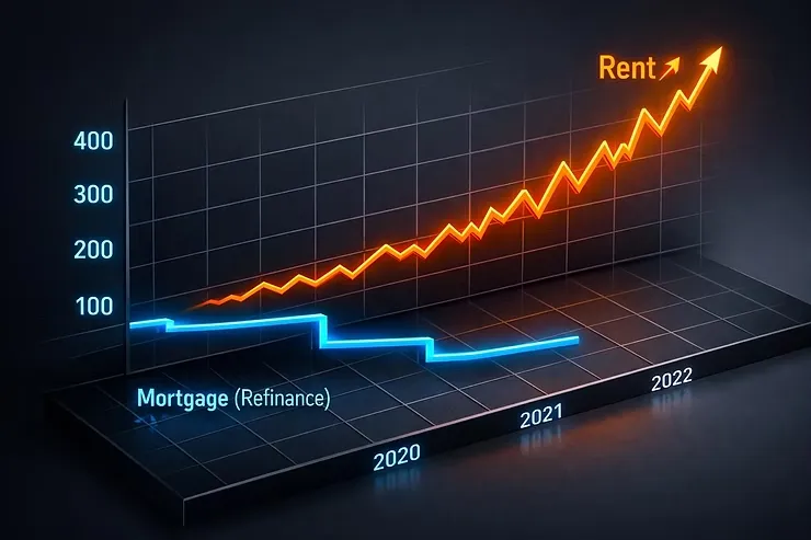 A glowing chart compares rising rent costs with lower mortgage payments over time, showing rent increasing sharply while mortgage stays relatively stable.