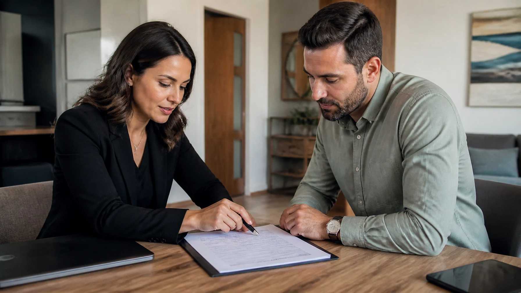 A professional reviewing loan or real estate documents with a client.