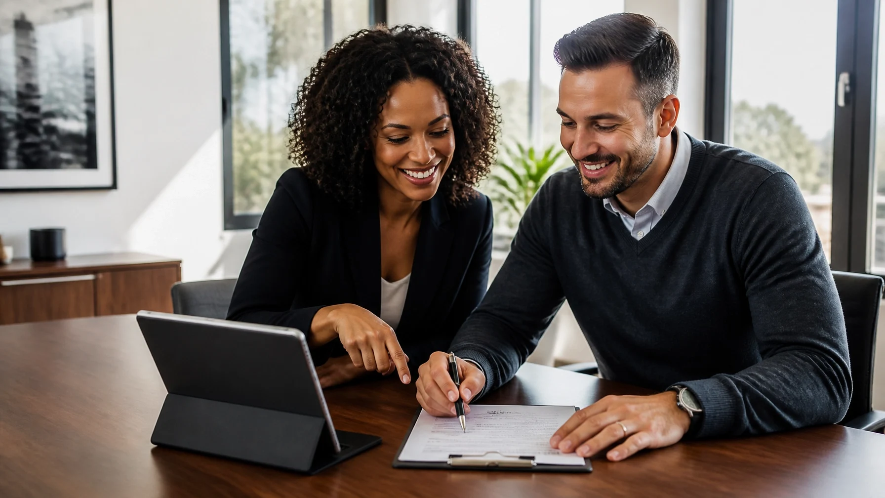 A homebuyer reviewing and signing mortgage paperwork with guidance from a loan professional.