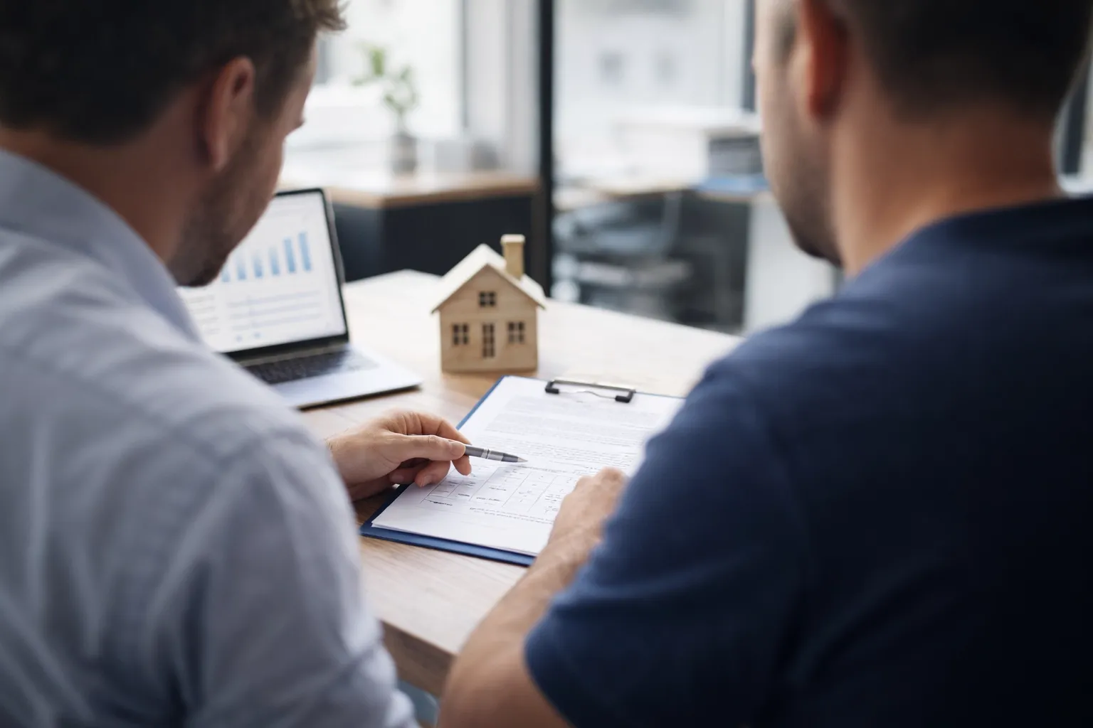 Two men at a desk reviewing mortgage and real estate transaction paperwork.