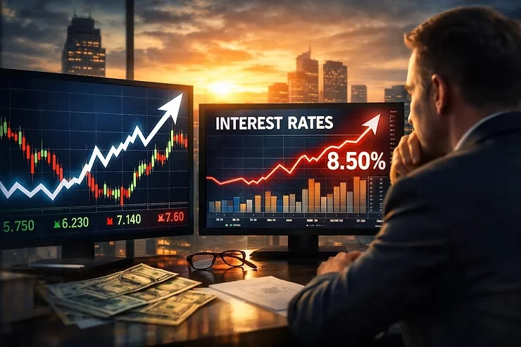 Professional looking man in a suit studying monitors displaying financial data.