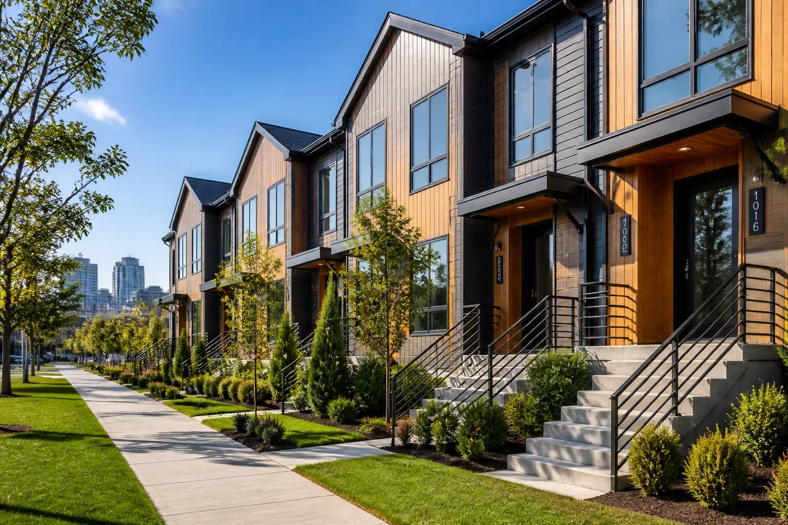 A row of modern townhomes lines a clean, landscaped street in a growing urban neighborhood