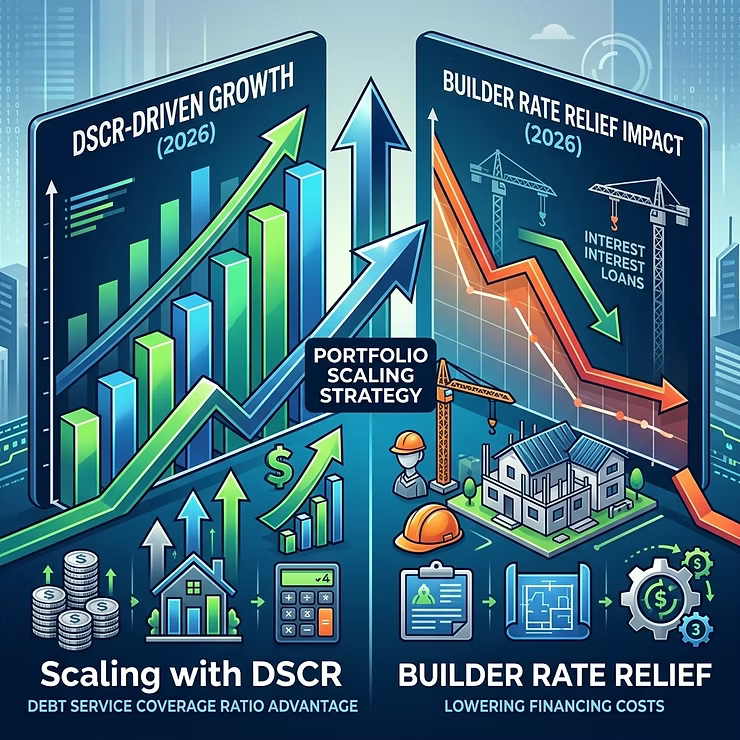 A comparrison chart is displayed, comparing mortgage growth strategies with DSCR financing and builder rate relief trends.