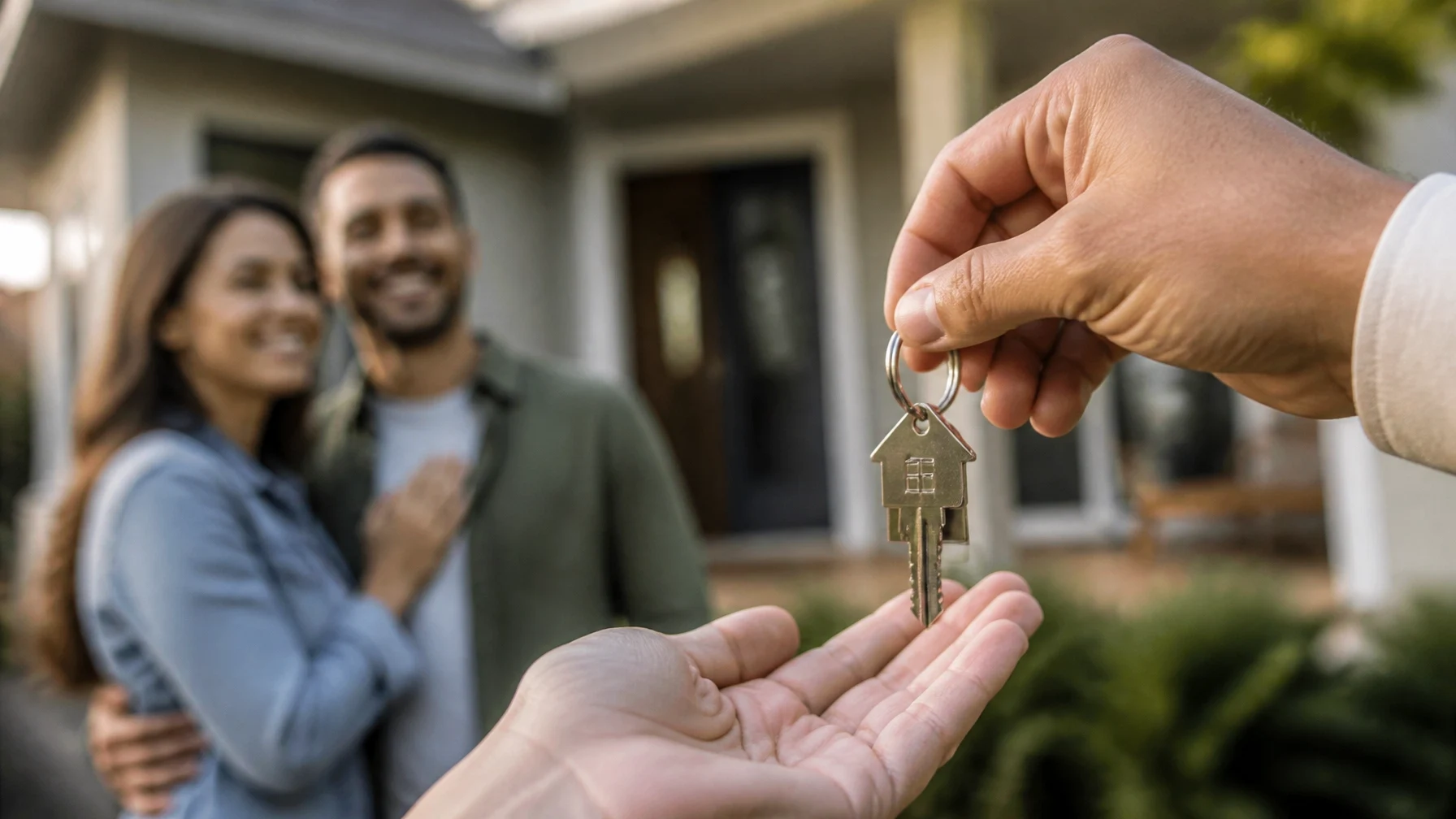 A new homeowner receiving house keys, symbolizing a successful home purchase and closing day.