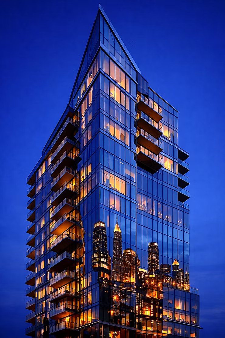 A high rise skyscraper condominium reflecting the city skyline at night.