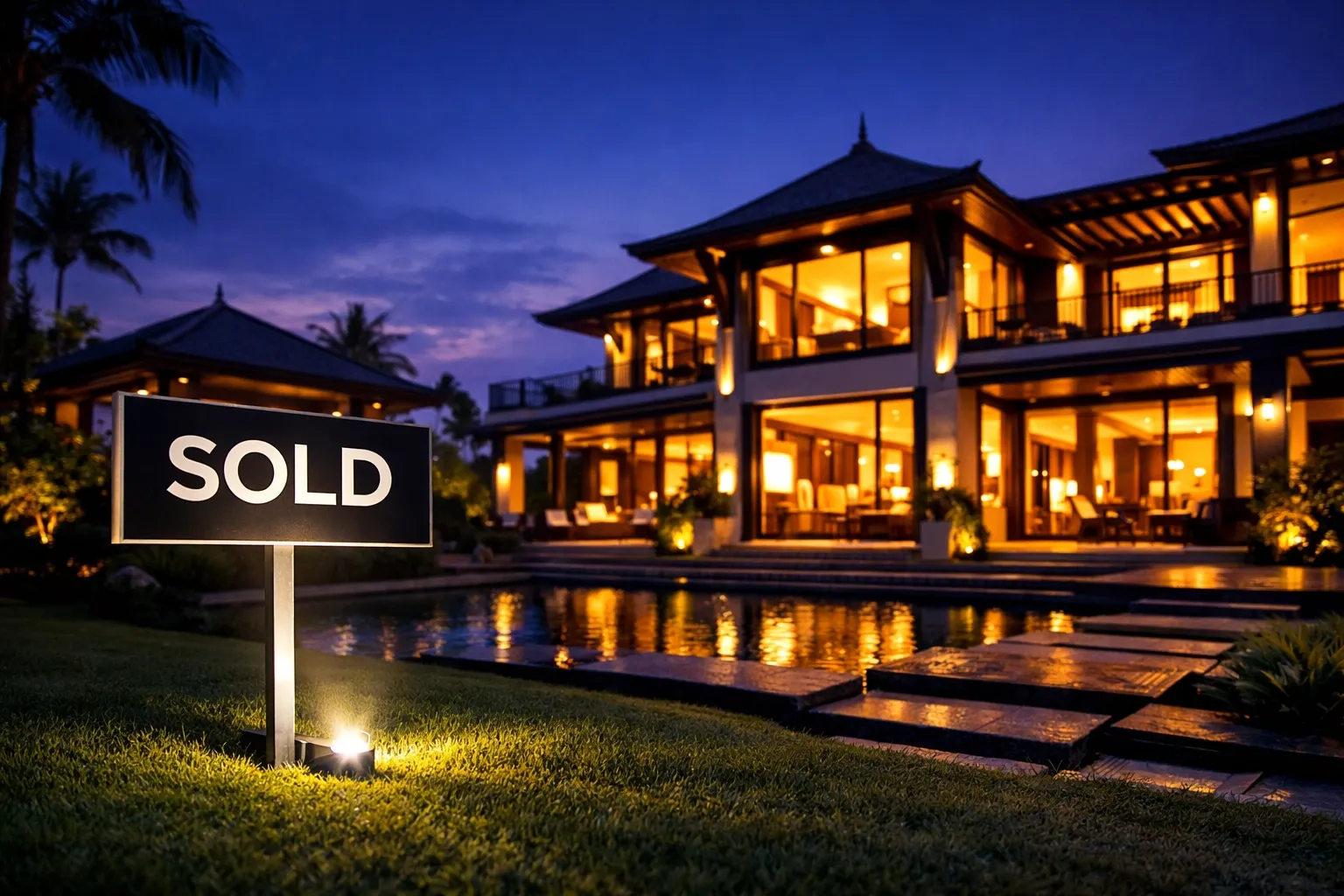 Poolside at a modern house with warm interior lights and a sold sign.