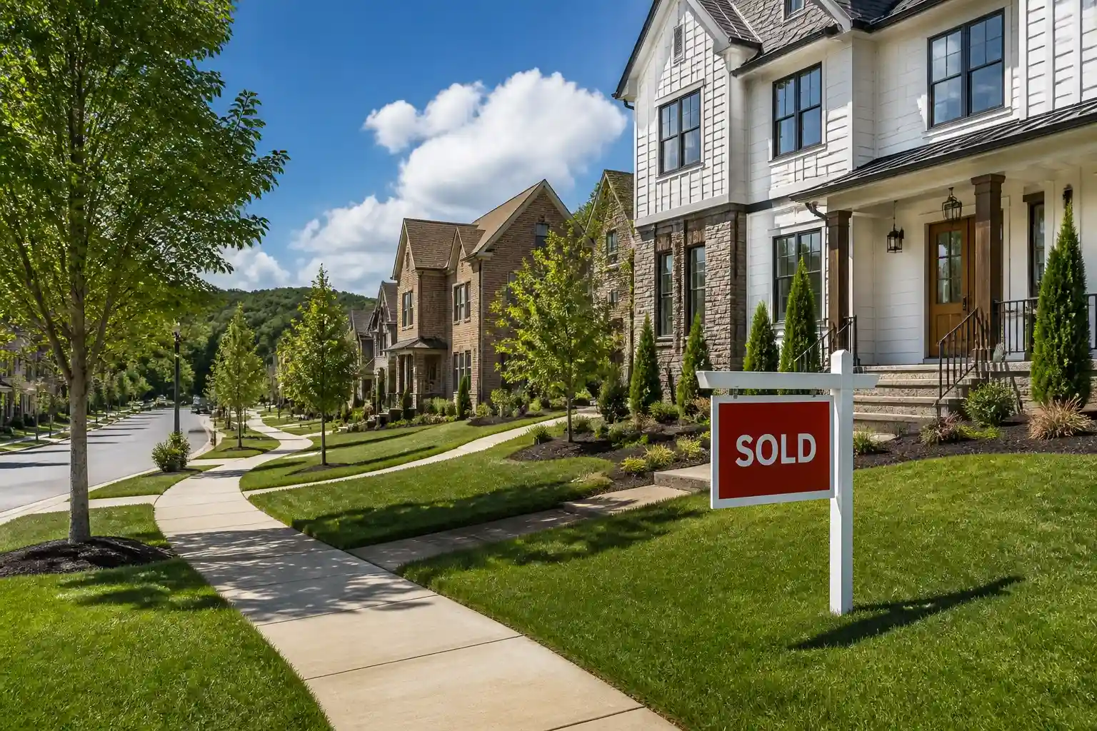 A row of upscale suburban homes lines a quiet street, with a prominent “Sold” sign displayed on the lawn of a newly purchased house under a bright blue sky.