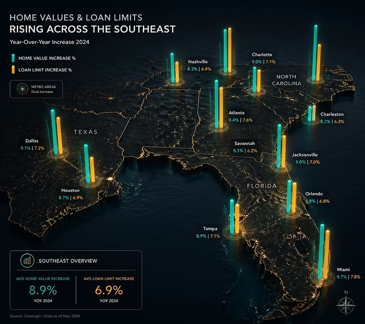 A dark mapped showcasing the southestern United States. Displayed are rising home values and loan limits with glowing bar charts.