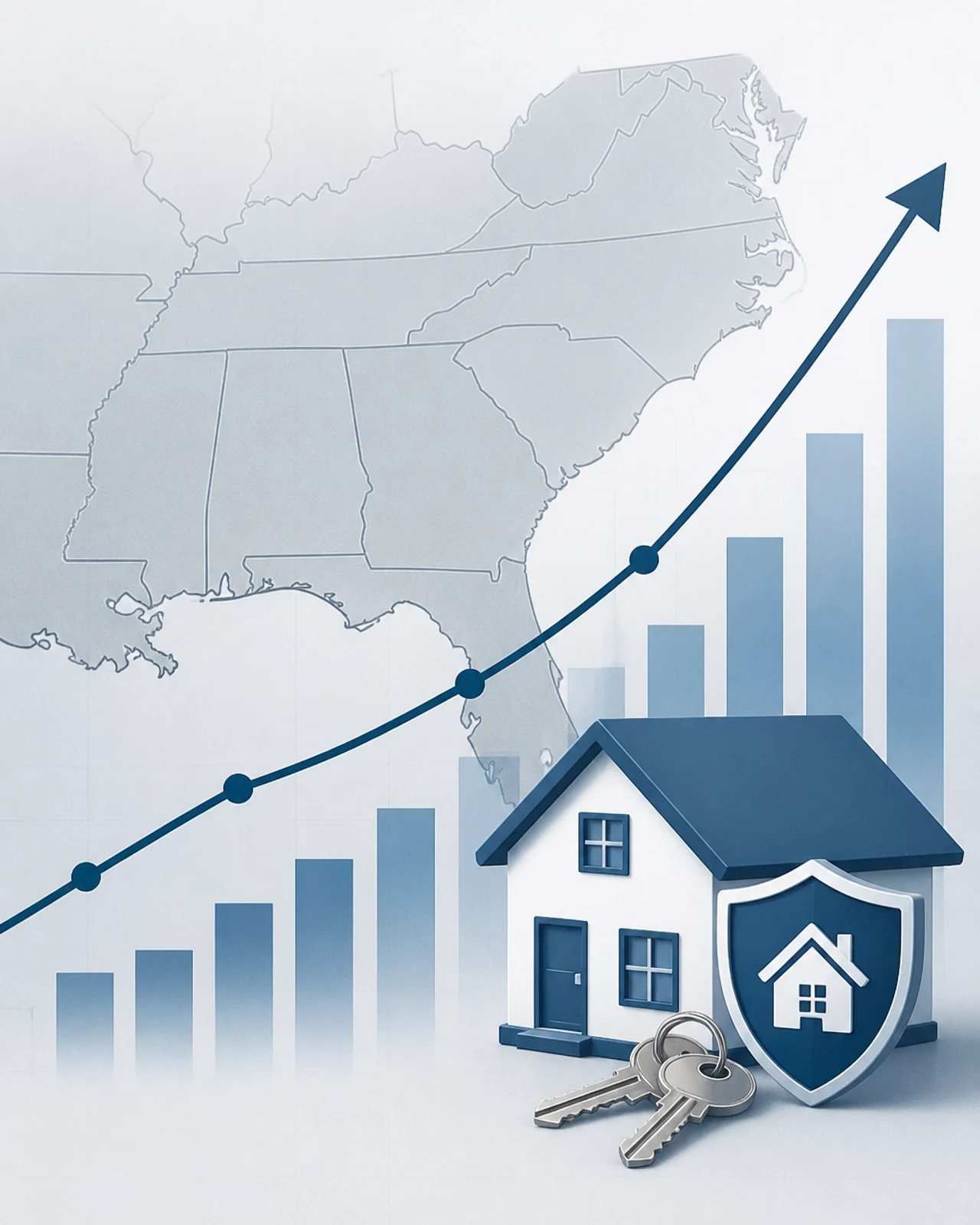 A housing market graphic showing rising home values and growth trends across the Southeast.
