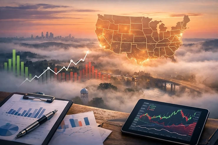 A scenic overlook featuring charts, a tablet of maket data, and a glowing US map.