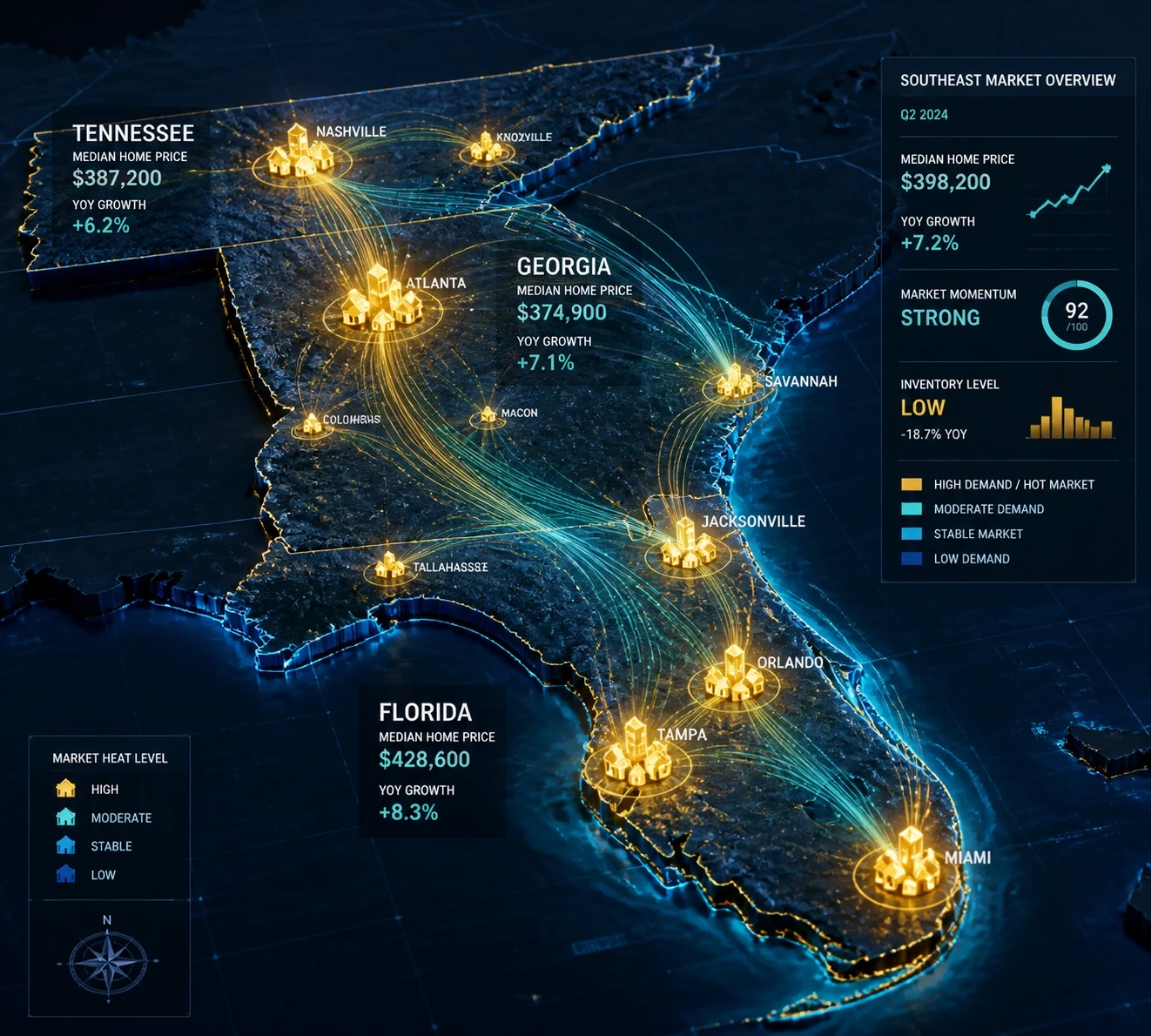 A digital map highlighting real estate market trends and home price growth across the southeastern United States.