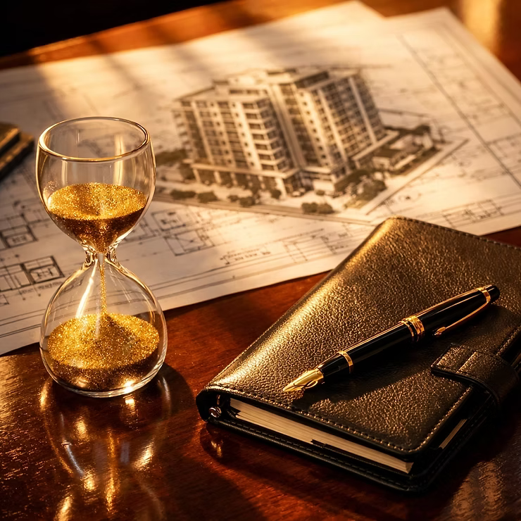 An hour glass, architectural plans, and a notebook and a pen on a table.