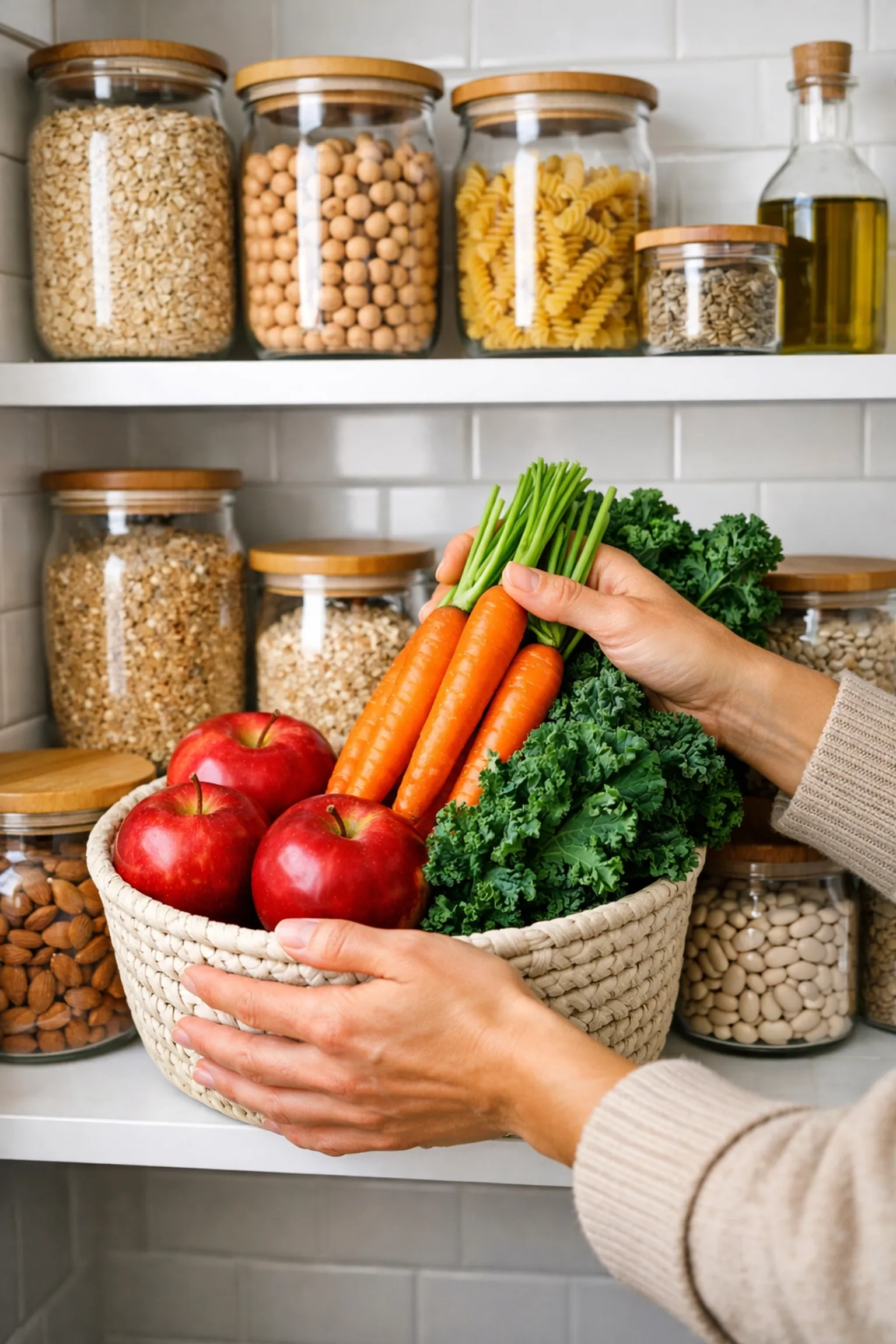 Pantry open with woman's hand holding groceries