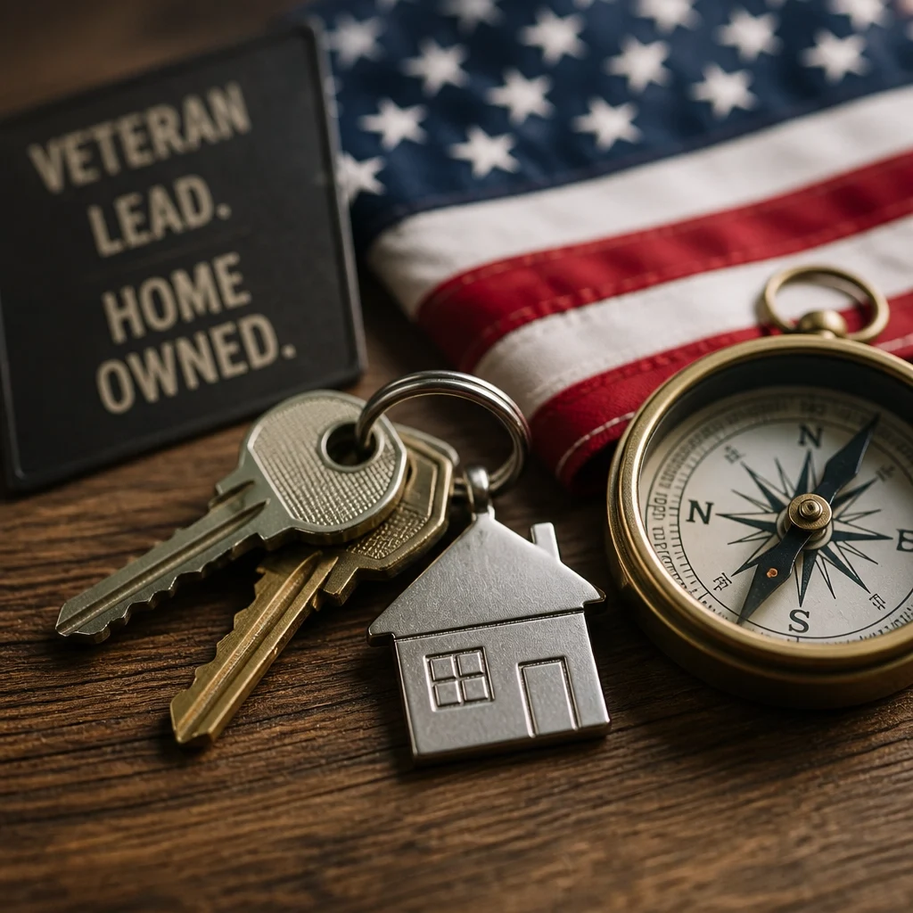House keys, a compass, and an American flag symbolizing a veteran’s journey toward homeownership.