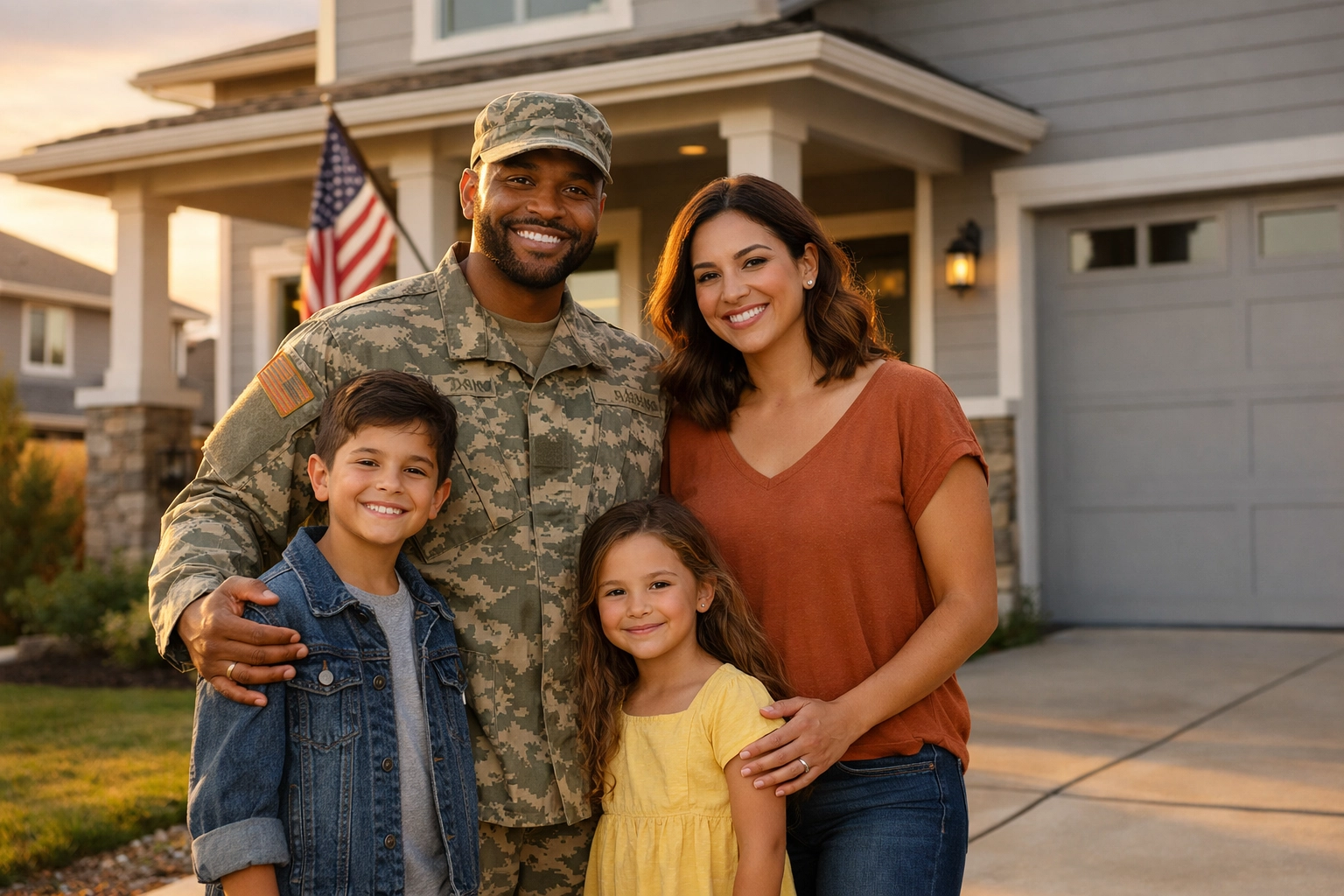 Military family proudly standing in front of house.