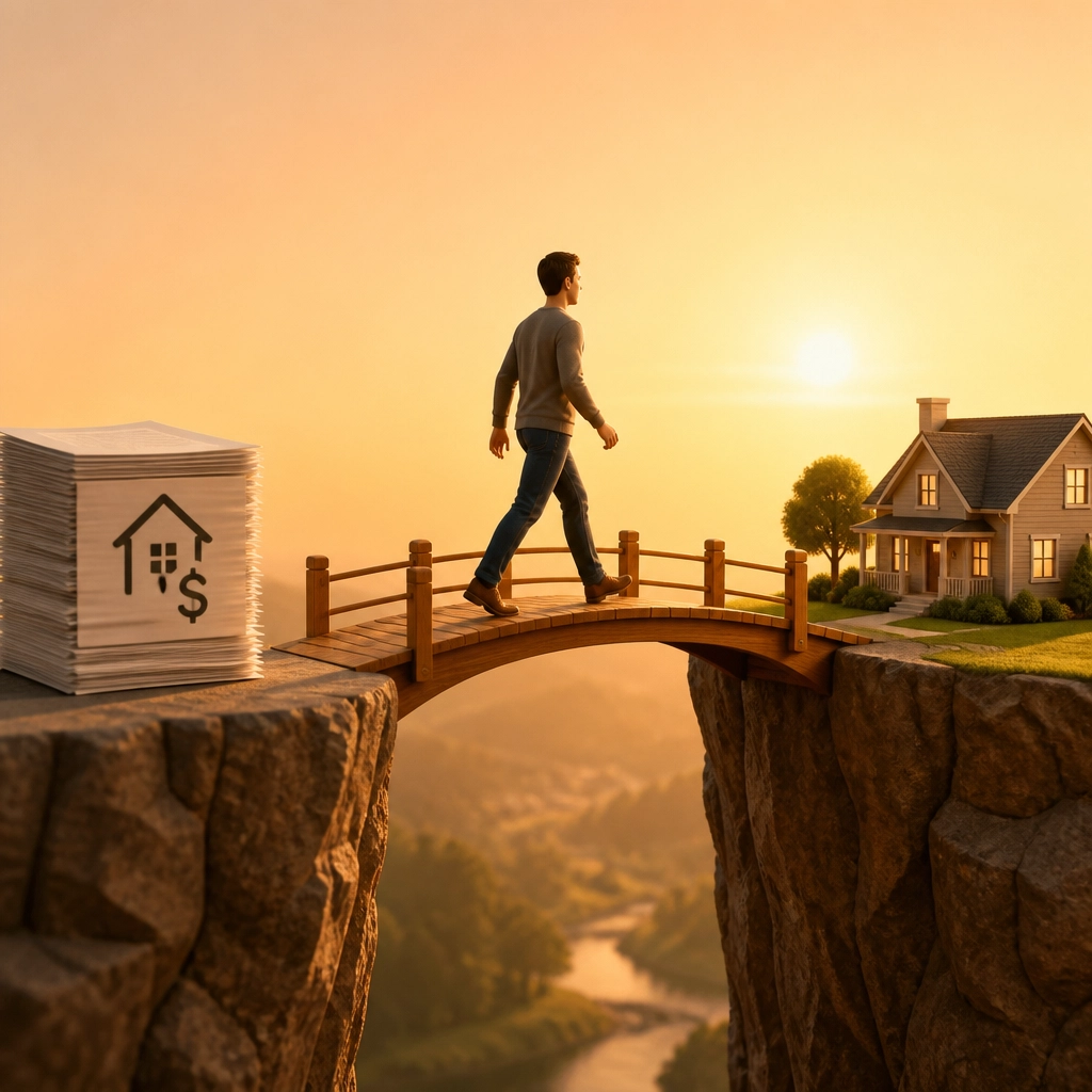 A man walking across a bridge toward a dream home, symbolizing the journey to homeownership.