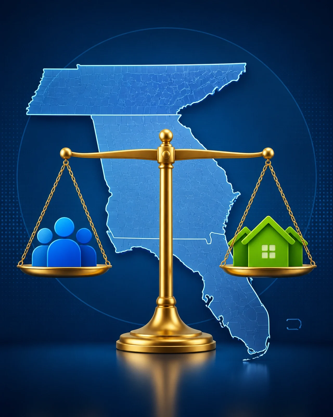 A balance scale comparing people and homes displayed over a map of the southeastern United States.