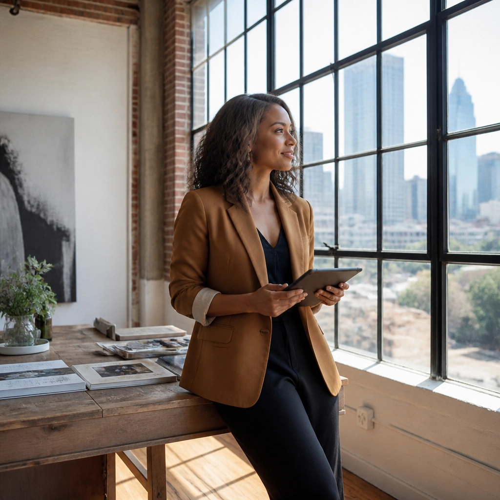 A professional woman holding a tablet in an office.
