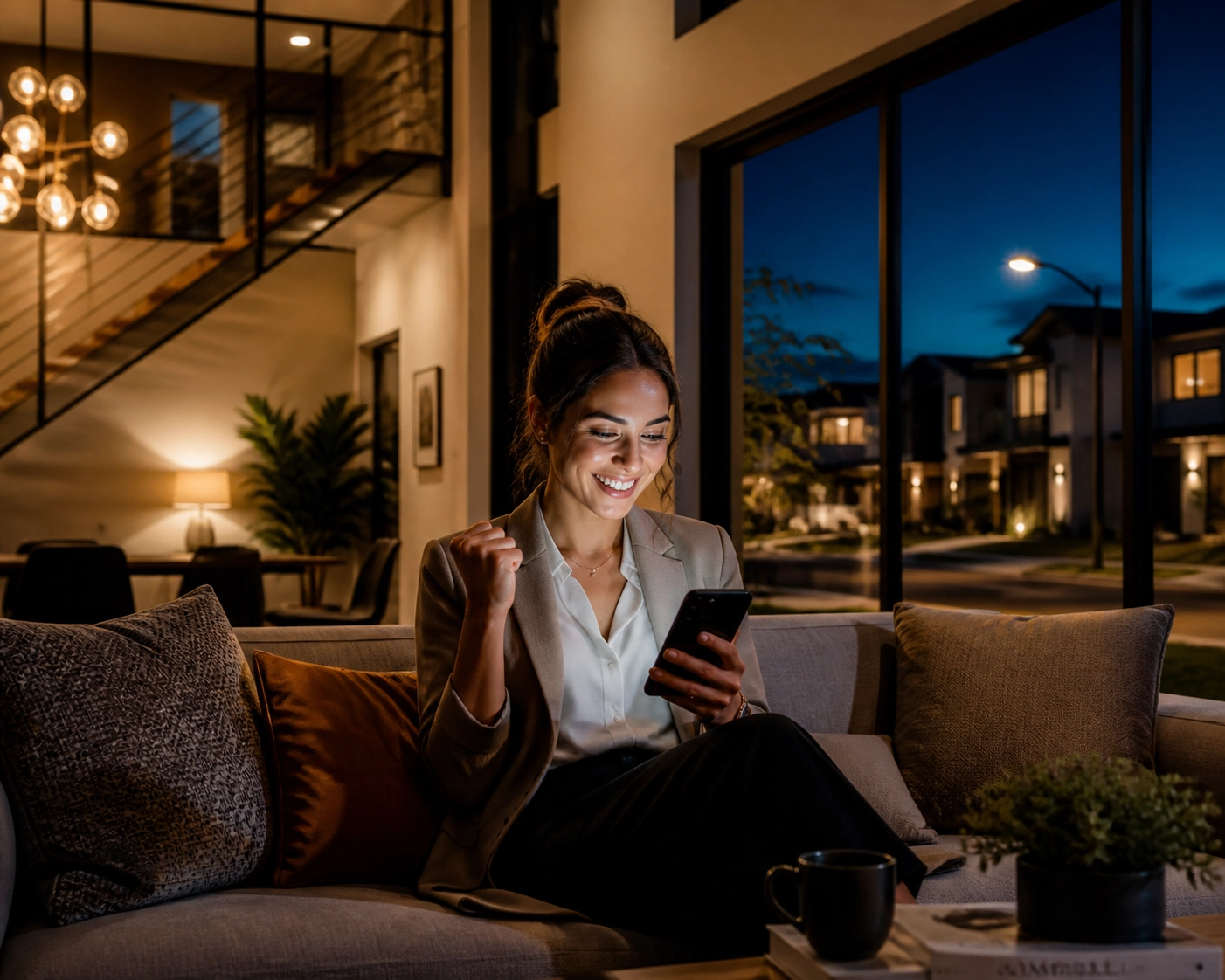 A woman smiling at her phone while relaxing in a modern living room at night, appearing excited by good news.