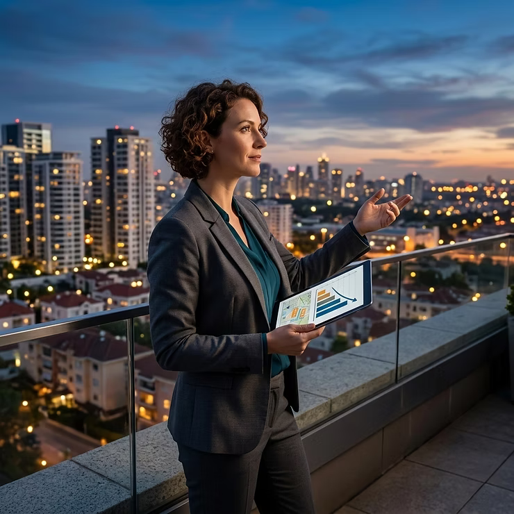 Real estate professional reviewing market trends while overlooking a growing city skyline at sunset.