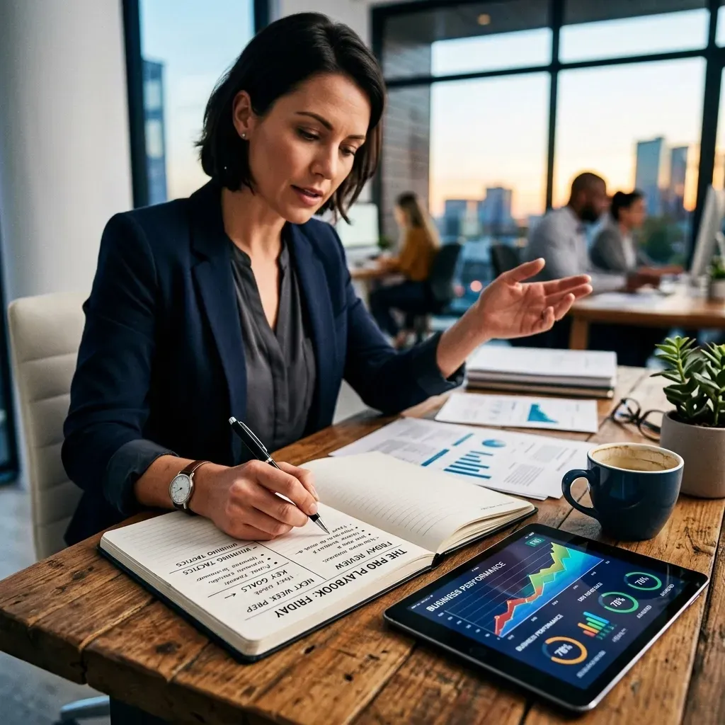 A businesswoman reviewing notes and financial charts while working at a desk in a modern office.