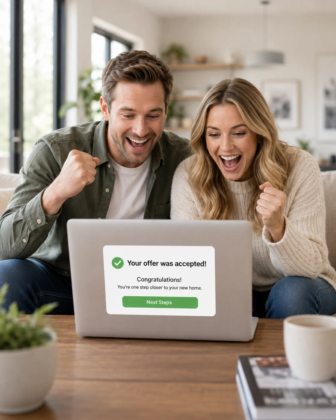A happy couple celebrates after their home offer is accepted, shown on a laptop screen.